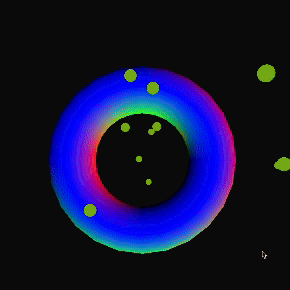 Particles float around the screen and the torus orientation can change based on what MakeyMakey arrows are pressed